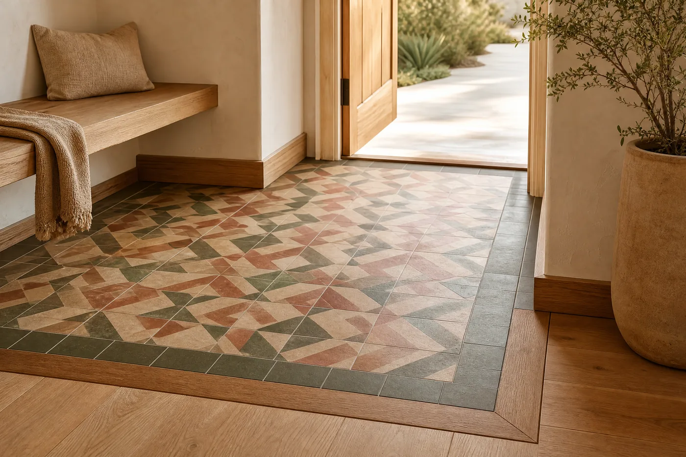 Geometric terracotta and olive tiled California entryway